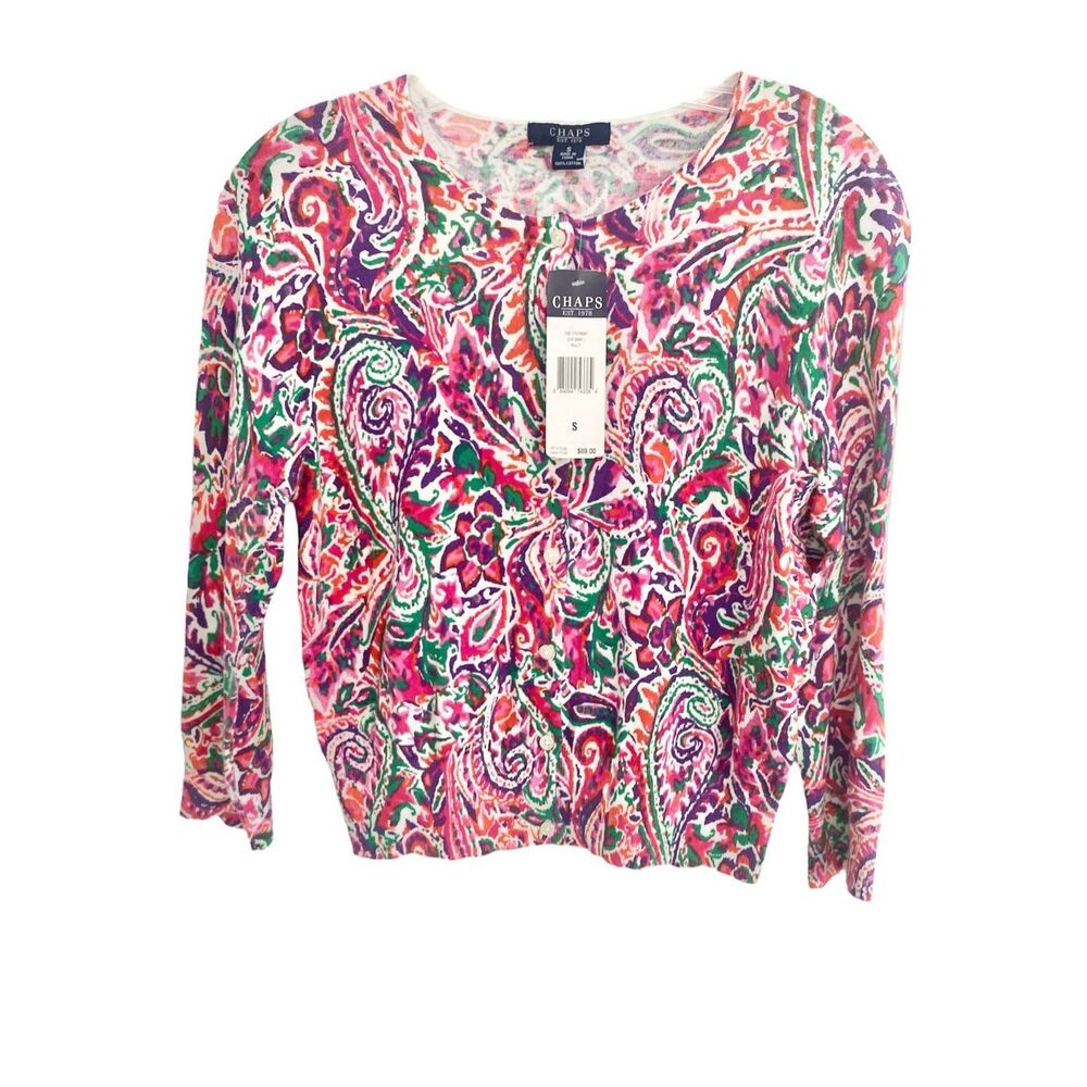 CHAPS Floral Paisley Multicolor Crop Knit Cardigan
